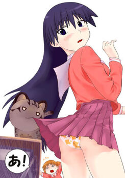 Rule 34 | 2girls, ^^^, a!, a (phrase), assisted exposure, azumanga daiou, black eyes, blush, cat, clothes lift, desk, hechi, looking back, maya (azumanga), mayaa (azumanga daioh), mihama chiyo, multiple girls, panties, pantyshot, pleated skirt, sakaki (azumanga daioh), school desk, school uniform, simple background, skirt, skirt lift, speech bubble, standing, underwear, white background, yamamaya
