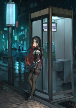 1girl absurdres armbinder arms_behind_back bdsm black_corset black_hair black_pantyhose blue_necktie bondage bound breasts corset egg_vibrator highres latex_shrug long_hair looking_at_viewer necktie original outdoors pantyhose phone_booth rain red_eyes restrained sex_toy shirt shoes shrug_(clothing) skindentation small_breasts standing stealth_bondage thigh_strap very_long_hair vibrator white_shirt xiongmao