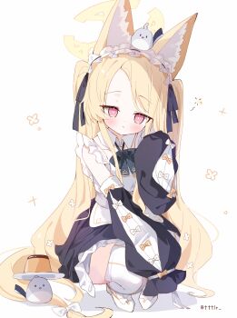 Rule 34 | 1girl, :<, alternate costume, animal, animal on head, artist name, bird, bird on head, black ribbon, blonde hair, blue archive, bow, chinese commentary, closed mouth, commentary request, flower, food, fox girl, fox tail, hair flower, hair ornament, hair ribbon, halo, highres, long hair, looking at viewer, maid, on head, pudding, ribbon, seia (blue archive), shoes, simple background, squatting, tail, thighhighs, tttlr, white background, white flower, white shoes, white thighhighs, yellow halo, zettai ryouiki