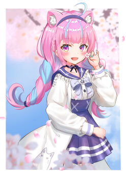 Rule 34 | 1girl, absurdres, ahoge, anchor hair ornament, anchor symbol, animal ears, blue choker, blue hairband, blue nails, blue sailor collar, blush, bow, braid, breasts, cat ears, cherry blossoms, choker, colored inner hair, frilled sailor collar, frills, hair ornament, hairband, high-waist skirt, highres, hololive, jacket, long sleeves, looking to the side, minato aqua, minato aqua (sailor), multicolored hair, official alternate costume, pantyhose, pink hair, purple eyes, ribbon choker, sailor collar, school uniform, simple background, skirt, smile, solo, tomochii (tomochi0827), twin braids, two-tone hair, virtual youtuber, white pantyhose