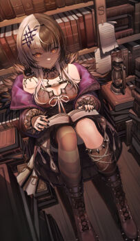 1girl absurdres against_bookshelf black_boots black_choker black_coat black_eyeliner black_hair black_nails black_thighhighs book book_stack bookshelf boots breasts chest_belt choker cleavage coat commentary dress english_commentary eyelashes eyeliner fishnet_socks fishnets fur-trimmed_coat fur_trim hair_ornament highres holding holding_book hololive hololive_english horizontal-striped_thighhighs lace lace-up_boots lace_choker lantern large_breasts long_hair long_sleeves looking_at_viewer makeup mcking multicolored_hair nail_polish on_floor open_book open_clothes open_coat paper scroll shaded_face shiori_novella shiori_novella_(1st_costume) single_fishnet_legwear sitting sleeveless sleeveless_dress socks solo split-color_hair striped_clothes striped_thighhighs sweatdrop tape thighhighs two-tone_hair virtual_youtuber white_hair white_thighhighs wooden_floor yellow_eyes