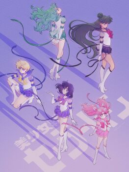 5girls arms_behind_back back_bow bishoujo_senshi_sailor_moon bishoujo_senshi_sailor_moon_stars black_choker black_hair black_sailor_collar black_skirt blonde_hair blue_bow blue_choker blue_eyes blue_sailor_collar blue_skirt boots bow brooch chibi_usa choker circlet commentary cone_hair_bun copyright_name double_bun earrings elbow_gloves english_commentary floating_hair gloves green_hair green_sailor_collar green_skirt hair_bun hair_ornament highres jewelry kaiou_michiru knee_boots long_hair magical_girl meiou_setsuna multiple_girls outer_senshi pink_choker pink_hair pink_sailor_collar pink_skirt purple_eyes purple_sailor_collar red_bow red_eyes sailor_chibi_moon sailor_collar sailor_neptune sailor_pluto sailor_saturn sailor_senshi sailor_senshi_uniform sailor_uranus short_hair sidney_deng single_hair_bun skirt smile star_(symbol) star_brooch star_choker super_sailor_chibi_moon_(stars) super_sailor_neptune_(stars) super_sailor_pluto_(stars) super_sailor_saturn_(stars) super_sailor_uranus_(stars) ten&#039;ou_haruka tomoe_hotaru twintails wavy_hair white_gloves yellow_bow