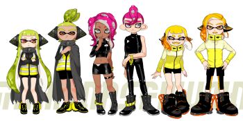 3boys 3girls agent_3_(splatoon) agent_4_(splatoon) agent_8_(splatoon) anklet behind-the-head_headphones bike_shorts black_footwear black_jacket black_leggings black_pants black_shirt black_shorts black_skirt blonde_hair boots breasts cape closed_eyes closed_mouth colored_tongue commentary_request crop_top crossed_arms dark-skinned_female dark-skinned_male dark_skin fangs full_body green_hair grey_cape grey_eyes groin hair_ornament hair_scrunchie half-closed_eyes hands_on_own_hips headphones high-visibility_clothing high-visibility_vest inkling jacket jewelry leggings leggings_under_shorts long_hair long_sleeves looking_at_viewer medium_breasts medium_hair midriff miniskirt multicolored_scrunchie multiple_boys multiple_girls navel nintendo octoling open_mouth orange_eyes pants parted_bangs parted_lips pencil_skirt pink_hair scrunchie shirt shorts simple_background single_bare_shoulder single_sleeve skirt smile splatoon_(series) splatoon_2 squidbeak_splatoon standing tentacle_hair thigh_strap topknot torn_cape torn_clothes twintails very_long_hair white_background wristband yellow_jacket yellow_tongue yeneny zipper zipper_pull_tab
