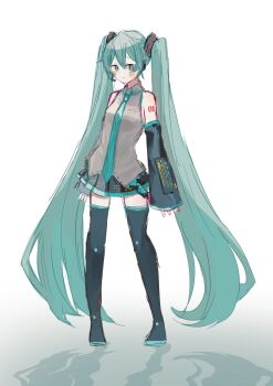 1girl aqua_eyes aqua_hair aqua_necktie black_skirt black_sleeves detached_sleeves grey_shirt hatsune_miku headphones headset long_hair necktie number_tattoo shirt skirt sleeveless sleeveless_shirt tattoo twintails usagifuku very_long_hair vocaloid white_background