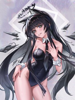1girl alternate_costume animal_ears arknights bare_shoulders black_eyes black_hair black_leotard black_necktie blush breasts chinese_commentary collarbone commentary_request covered_navel cowboy_shot crown detached_collar detached_wings diamond-shaped_pupils diamond_(shape) extra_ears fingernails hand_on_own_hip hand_up highres hundun_hdun large_breasts leotard long_fingernails long_sidelocks looking_at_viewer mole mole_under_eye nail_polish necktie parted_lips pink_nails playboy_bunny sidelocks solo symbol-shaped_pupils thighs virtuosa_(arknights) white_wrist_cuffs wings wrist_cuffs yellow_pupils