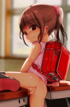 1girl anus ass backpack bag blush bottomless brown_eyes brown_hair chikusan_nurseman classroom cleft_of_venus crotch_rub desk female_focus female_masturbation highres loli masturbation no_panties original ponytail pussy randoseru school scrunchie shoes solo table_humping thighhighs uncensored uwabaki