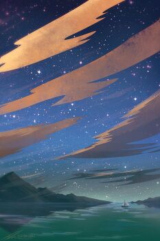 analogous_colors artist_name boat cloud cloudy_sky horizon lake landscape mountainous_horizon night no_humans original outdoors reflection reflective_liquid sailboat scenery signature sky star_(sky) starry_sky watercraft zandra