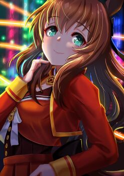 1girl animal_ears blue_eyes blush bow breasts brown_hair brown_sailor_collar closed_mouth commentary_request cropped_jacket green_eyes hair_between_eyes horse_ears horse_girl horse_tail jacket long_hair long_sleeves looking_at_viewer maruzensky_(formula_r)_(umamusume) maruzensky_(umamusume) medium_breasts otono_(bkt4b) pendant_choker red_jacket red_serafuku red_shirt red_skirt sailor_collar school_uniform serafuku shirt skirt smile solo tail umamusume white_bow