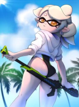 +_+ 1girl absurdres ass bow closed_mouth cloud deep_skin earrings expressionless from_below gun hero_charger_(splatoon) highres holding holding_gun holding_weapon idol inkling jacket jacket_over_swimsuit jewelry light_rays looking_at_viewer marie_(splatoon) mask mole mole_under_eye nintendo one-piece_swimsuit outdoors palm_tree pointy_ears raised_eyebrows rifle short_hair skindentation sniper_rifle solo splatoon_(series) squid sunlight swimsuit tentacle_hair tobitobi90 tree weapon white_jacket