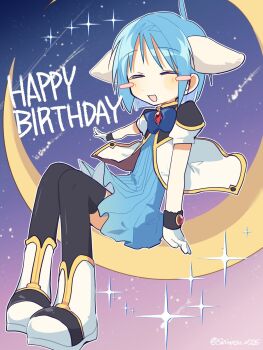 Rule 34 | 1girl, angel wing uniform, animal ears, black thighhighs, blue bow, blue bowtie, blue dress, blue hair, blush stickers, boots, bow, bowtie, closed eyes, dress, full body, galaxy angel, gloves, happy birthday, highres, mint blancmanche, monocle, nm shirasu, on moon, open mouth, short hair, sitting, solo, star (symbol), thighhighs