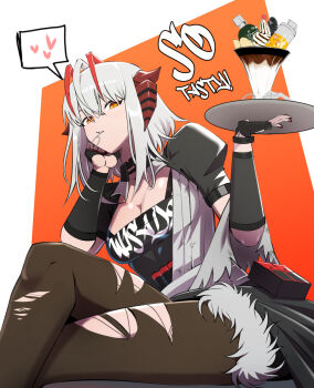 1girl absurdres ahoge antenna_hair arknights black_gloves breasts brown_pantyhose character_name cleavage clothes_writing crossed_legs english_text fingerless_gloves food gloves grenade_pin grenade_pin_in_mouth grey_hair hair_between_eyes half_gloves head_rest heart highres holding holding_tray looking_at_viewer medium_breasts mouth_hold multicolored_hair pantyhose red_hair samacho short_hair single_half_glove solo spoken_heart streaked_hair torn_clothes torn_pantyhose tray w_(arknights) yellow_eyes