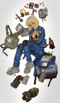 1girl absurdres backpack bag battery bikini black_bikini blonde_hair blue_eyes bob_cut bomb bottle bottle_cap bullet bulletproof_vest can canned_food cassette_tape cereal cereal_box chewing_gum energy_drink explosive fallout fallout_4 gun handgun highres inhaler jacket jumpsuit kkghost_tv knee_pads looking_to_the_side lunchbox milk_carton nuclear_weapon nuka_cola object_focus open_clothes open_jacket pencil pill shirt shoes single_knee_pad sneakers soda_bottle spam_(food) stimpak_(fallout) swimsuit vault_girl vault_suit water_bottle weapon white_background white_shirt