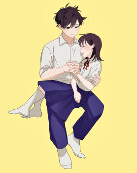 1boy 1girl absurdres blue_pants blue_skirt brown_hair closed_eyes collared_shirt commentary_request couple dress_shirt full_body futsuu_no_keion-bu hand_on_another&#039;s_arm hatono_chihiro hetero highres holding_hands ikihaji interlocked_fingers invisible_chair mizuo_haruichi neck_ribbon pants pleated_skirt red_ribbon ribbon shirt short_hair simple_background sitting sitting_on_lap sitting_on_person skirt socks white_shirt white_socks yellow_background