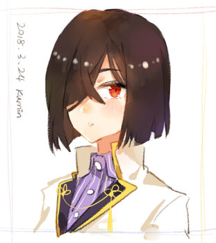 Rule 34 | 1girl, alternate hair length, alternate hairstyle, artist name, black hair, blush, collared shirt, dated, hair over one eye, jacket, kumin (6939359), looking at viewer, one eye covered, origami yukari, parted lips, portrait, purple shirt, red eyes, shirt, short hair, simple background, solo, striped clothes, striped shirt, toji no miko, upper body, white background, white jacket