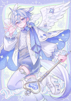 1boy absurdres blush boots border cape center_frills commentary double-parted_bangs english_commentary feathered_wings foot_out_of_frame frills grid_background hair_between_eyes hand_up highres holding holding_staff long_sleeves looking_at_viewer male_focus open_mouth original outside_border purple_border purple_eyes purple_hair purple_shorts shirt short_hair shorts staff standing standing_on_one_leg suzaku_(zaku6584) thighhighs twitter_username unicorn_boy unicorn_horn white_background white_boots white_cape white_shirt white_thighhighs white_wings wings