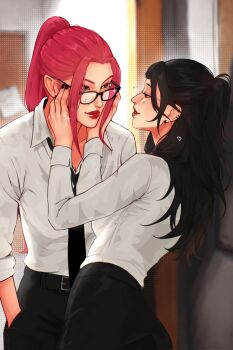Rule 34 | 2girls, absurdres, baobeics, black hair, black nails, black necktie, black pants, blush, brown eyes, collared shirt, commentary, english commentary, eye contact, glasses, half updo, hands in pockets, heart, highres, kpop demon hunters, long hair, looking at another, mira (kpop demon hunters), multiple girls, necktie, pants, pink hair, ponytail, shirt, sidelocks, sparkle, white shirt, zoey (kpop demon hunters)