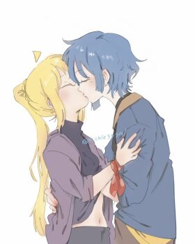 2girls ahoge black_shirt blonde_hair blue_hair blue_shirt bocchi_the_rock! closed_eyes commentary detached_ahoge earrings grabbing_another&#039;s_breast groping hand_on_another&#039;s_back hand_under_clothes hood hoodie ijichi_nijika jewelry kiss mole mole_under_eye multiple_girls nickle333ml ponytail purple_hoodie shirt short_hair simple_background stud_earrings twitter_username white_background yamada_ryo yuri