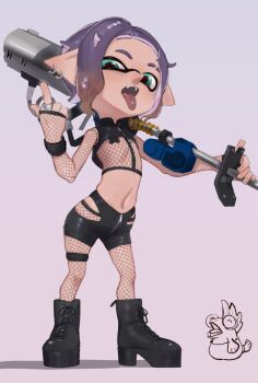 1girl ^_^ aqua_eyes black_boots black_shorts boots brown_hair bulging_eyes closed_eyes clothing_cutout cross cross_pasties doka_yuki_(tsumorisugi) e-liter_4k_(splatoon) earrings fishnet_pantyhose fishnets flat_chest gradient_background gradient_hair hand_up high_collar highres hip_vent inkling inkling_girl inkling_player_character jewelry lace-up_boots legs_apart looking_at_viewer messy_hair middle_finger mohawk multicolored_hair multiple_earrings navel nintendo open_mouth pantyhose pasties piercing platform_boots platform_footwear pointy_ears purple_hair revealing_clothes ring salmonid shadow short_hair shorts single_tooth skindentation smallfry_(splatoon) solo splatoon_(series) standing tape tape_on_nipples teeth tentacle_hair thigh_strap tongue tongue_out tongue_piercing two-tone_hair uneven_eyes upper_teeth_only zipper zipper_pull_tab