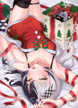 1girl absurdres alternate_costume bell black_hair black_thighhighs breasts christmas_present commentary_request dress fur-trimmed_dress fur_trim gift highres hololive hololive_english long_hair looking_at_viewer lying matryo8 medium_breasts multicolored_hair novelites_(shiori_novella) on_back open_mouth red_dress red_ribbon ribbon santa_costume santa_dress shiori_novella single_thighhigh solo split-color_hair thighhighs virtual_youtuber white_hair yellow_eyes