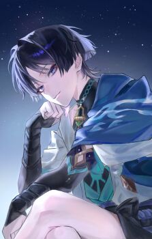 Rule 34 | 1boy, blue eyes, blue hair, blunt ends, closed mouth, cowboy shot, eyeliner, feathers, fingerless gloves, genshin impact, gloves, gold trim, highres, light smile, looking at viewer, makeup, male focus, mandarin collar, pilla093, pom pom (clothes), red eyeliner, scaramouche (genshin impact), shorts, solo, star (sky), wanderer (genshin impact)