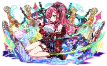 ankle_boots artist_request bare_legs belt belted_jacket black_belt black_bow black_collar black_skirt black_straps blush boots bow breasts cel_shading closed_mouth collar crash_fever diamond_(shape) earrings full_body game_cg gaudi_(crash_fever) gloves green_eyes hair_behind_ear hair_bow hair_ornament half_updo head_tilt high-waist_skirt high_heel_boots high_heels high_ponytail jacket jewelry large_breasts light_particles long_hair long_sleeves looking_at_viewer no_socks number_tattoo numbered official_art outline papers pink_gloves pleated_skirt polka_dot polka_dot_bow ponytail red_jacket red_outline red_sleeves shirt shoulder_tattoo sideboob sidelocks sitting skirt solo sparkle square square_tattoo swept_bangs tachi-e tattoo teeth thigh_strap third-party_source transparent_background underbust very_long_hair wariza white_gloves white_shirt