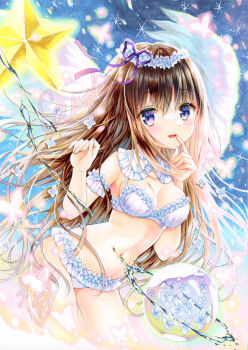 1girl angel_wings armband blue_background bra breasts brown_hair collar commentary_request cowboy_shot finger_to_mouth flower hands_up head_wreath highres hydrangea leaning_forward light_blush lingerie long_hair looking_at_viewer marker_(medium) medium_breasts motage_illust navel original panties parted_lips purple_eyes sample_watermark smile solo star_(symbol) stomach traditional_media underwear underwear_only water watermark white_armband white_bra white_collar white_flower white_panties wings