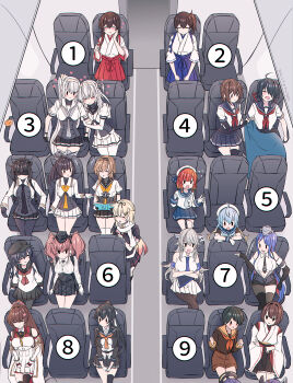 Rule 34 | 6+girls, ahoge, airplane interior, akagi (kancolle), akizuki (kancolle), akizuki kai ni (kancolle), atlanta (kancolle), black skirt, blue skirt, chair, commentary request, eating, etorofu (kancolle), from above, furutaka (kancolle), furutaka kai ni (kancolle), fuyutsuki (kancolle), hakama, hakama skirt, hatsuzuki (kancolle), hatsuzuki kai ni (kancolle), highres, hyuuga (kancolle), hyuuga kai ni (kancolle), japanese clothes, kabocha torute, kaga (kancolle), kako (kancolle), kako kai ni (kancolle), kantai collection, long hair, meme, mogami (kancolle), mogami kai ni (kancolle), multiple girls, numbered, pantyhose, revision, sado (kancolle), school uniform, serafuku, short hair, skirt, sleeping, south dakota (kancolle), south dakota kai (kancolle), suzutsuki (kancolle), tatsuta (kancolle), tenryuu (kancolle), teruzuki (kancolle), thighhighs, washington (kancolle), washington kai (kancolle), where are you sitting (meme), yahagi (kancolle), yahagi kai ni (kancolle), yamato (kancolle), yamato kai ni (kancolle), yuri, yuudachi (kancolle), yuudachi kai ni (kancolle)