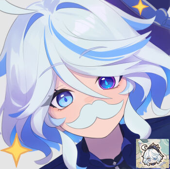 1girl absurdres ahoge anonds31 blue_eyes blue_hat blue_jacket blush fake_facial_hair fake_mustache furina_(genshin_impact) genshin_impact hat heterochromia highres jacket looking_at_viewer multicolored_hair short_hair solo sparkle streaked_hair top_hat white_hair