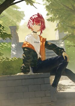 1girl ange_katrina ange_katrina_(5th_costume) arm_support black_choker black_jacket blue_eyes blue_pants bush choker collarbone commentary_request crossed_bangs day denim earrings fagi_(kakikaki) flat_chest foot_out_of_frame from_side gold_earrings hair_ornament hairclip hand_on_own_knee highres jacket jeans jewelry light_rays lips long_bangs long_sleeves looking_at_viewer looking_to_the_side making-of_available nijisanji on_wall open_clothes open_jacket orange_jacket outdoors pants parted_lips partial_commentary pendant_choker red_hair shadow shirt shoes single_hair_intake single_off_shoulder single_sidelock sitting sky solo stone_wall sunbeam sunlight t-shirt tree triangle_earrings turning_head two-sided_fabric two-sided_jacket virtual_youtuber white_shirt white_shoes white_sky