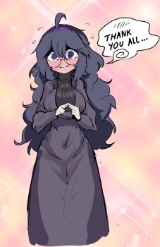 1girl @_@ ahoge alternate_breast_size_(larger) black_hair blush breasts commentary dr.k_(anonym) dress english_commentary english_text glasses hair_between_eyes hairband hex_maniac_(pokemon) highres index_fingers_together large_breasts long_dress long_hair long_sleeves looking_at_viewer messy_hair nintendo pokemon pokemon_xy purple_eyes purple_hairband round_eyewear smile solo speech_bubble turtleneck