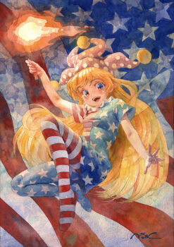1girl absurdres american_flag american_flag_dress american_flag_legwear american_flag_print blonde_hair breasts clownpiece commentary_request dress fairy_wings flag_print full_body hat highres holding holding_torch jester_cap long_hair looking_at_viewer misawa_hiroshi open_mouth painting_(medium) pantyhose polka_dot polka_dot_headwear purple_hat red_eyes short_sleeves small_breasts smile solo star_(symbol) star_print striped_clothes striped_dress striped_pantyhose teeth torch touhou traditional_media upper_teeth_only very_long_hair watercolor_(medium) wings