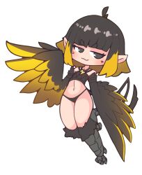 Rule 34 | 1girl, :3, absurdres, ahoge, bird legs, black eyes, black feathers, black hair, blonde hair, blush, chibi, commentary, commission, english commentary, feathers, harpy, highres, looking at viewer, midriff, monster girl, monster girl encyclopedia, multicolored hair, navel, nn (eogks), pointy ears, short hair, solo, talons, thunderbird (monster girl encyclopedia), two-tone hair, two-tone wings, white background, winged arms, wings, yellow feathers, yellow wings