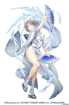 1girl :o absurdres artist_request bare_shoulders blue_eyes blush bow breasts cleavage crossover cryokinesis dual_wielding folding_fan full_body grey_hair groin hair_bow hand_fan highres holding holding_fan ice ice_shard japanese_clothes kimono large_breasts looking_at_viewer low_neckline marvelous no_panties obi official_art open_mouth pelvic_curtain queen&#039;s_blade queen&#039;s_blade_limit_break ribbon-trimmed_kimono ribbon_trim sandals sash senran_kagura senran_kagura_estival_versus senran_kagura_new_link senran_kagura_shinovi_versus shiny_skin short_hair simple_background solo striped_bow tabi tactics_(hobby_japan) third-party_source white_background white_bow white_kimono wide_sleeves yumi_(senran_kagura)