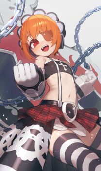 Rule 34 | 1girl, absurdres, blush, chain, chorogon, clenched hands, commentary request, eyepatch, flat chest, frills, gloves, highres, looking at viewer, midriff, navel, nitroplus, one eye covered, open mouth, orange hair, plaid clothes, plaid skirt, pleated skirt, red eyes, satsurikuin ouka, short hair, skirt, smile, solo, strapless, striped clothes, striped thighhighs, suspenders, thighhighs, tube top, white gloves