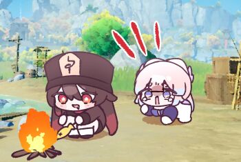 2girls black_hat blue_horns blunt_bangs bonfire bow-shaped_hair campfire chibi chinese_clothes choker coattails colored_tips cooking fire firewood fish flower flower-shaped_pupils frilled_sleeves frills genshin_impact gloves gradient_hair hat hat_flower hat_tassel highres horns hu_tao_(genshin_impact) lace-trimmed_choker lace_trim log long_hair long_sleeves mikurumikurumi multicolored_hair multiple_girls open_mouth pink_hair plum_blossoms porkpie_hat purple_eyes roasting sangonomiya_kokomi shorts skewer stick symbol-shaped_pupils tailcoat white_gloves white_shorts wide_sleeves
