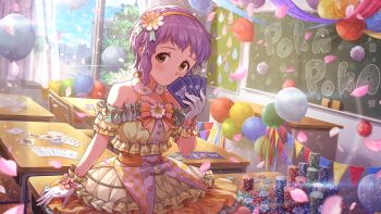 1girl balloon blush card card_commentary chalkboard classroom closed_mouth commentary_request day desk dot_mouth dress falling_petals flower frilled_dress frilled_gloves frills game_asset gloves hair_flower hair_ornament hairband hand_up holding holding_card idolmaster idolmaster_million_live! idolmaster_million_live!_theater_days indoors makabe_mizuki official_alternate_costume official_art on_desk petals pink_petals poker_chip purple_hair school_desk short_hair sitting solo third-party_source white_gloves yellow_dress yellow_eyes yellow_hairband