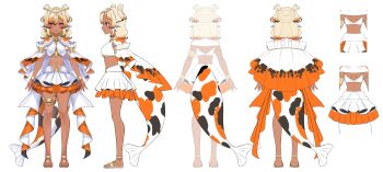 Rule 34 | 1girl, absurdres, blonde hair, colored tips, commentary, dark-skinned female, dark skin, english commentary, fins, fish girl, fish tail, full body, highres, multicolored hair, multicolored skirt, multiple views, official art, orange hair, orange skirt, pleated skirt, red eyes, reference sheet, ringozaka mariko, sandals, serina maiko, shoes, skirt, standing, tail, toes, v4mirai, virtual youtuber, white skirt, yellow shoes