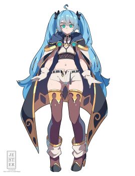 1girl ahoge belt black_ribbon blue_eyes blue_hair boots bow breasts cape closed_mouth crop_top full_body gloves hair_bow high_heels highres jesternalagon long_hair looking_at_viewer micro_shorts midriff navel original ribbon short_shorts shorts simple_background small_breasts smile snowflake_pupils solo standing symbol-shaped_pupils thigh_boots twintails very_long_hair white_background white_gloves white_hair white_shorts