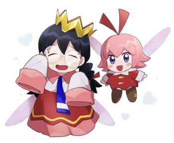Rule 34 | 2girls, black hair, blue eyes, chibi, chiimako, closed eyes, crown, fairy, fairy wings, freckles, glasses, heart, kirby (series), kirby 64, long hair, long skirt, looking at viewer, multiple girls, nintendo, open mouth, pink hair, pink skirt, ribbon (kirby), ripple star queen, skirt, sleeves past fingers, sleeves past wrists, smile, wings