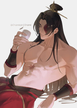 1boy abs absurdres arm_support avatar:_the_last_airbender avatar_legends black_hair bulge burn_scar charmiisan closed_mouth collarbone commentary covered_penis cup curtained_hair drinking_glass erection erection_under_clothes hair_bun highres holding holding_cup long_hair male_focus navel nipples parted_lips pectorals reclining scar scar_on_face scar_on_stomach simple_background solo teeth toned toned_male topless_male twitter_username veiny_crotch white_background zuko