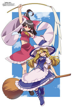 2girls apron arm_up ascot back_bow blonde_hair blue_hat blue_skirt blue_vest bow braid breasts broom broom_riding brown_hair brown_shoes closed_mouth commentary_request detached_sleeves frilled_bow frilled_hair_tubes frilled_skirt frills gohei hair_bow hair_tubes hakurei_reimu hat hat_bow highres holding holding_gohei kirisame_marisa large_breasts long_hair looking_at_viewer midriff_peek multiple_girls official_alternate_costume one_eye_closed open_mouth puffy_short_sleeves puffy_sleeves red_bow red_eyes red_skirt ribbon-trimmed_sleeves ribbon_trim shoes short_sleeves side_braid signature single_braid skirt skirt_set small_breasts smile touhou umigarasu_(kitsune1963) urban_legend_in_limbo very_long_hair vest waist_apron watermark white_apron white_bow witch_hat yellow_ascot yellow_eyes