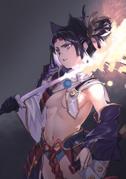 1girl absurdres armor asymmetrical_clothes asymmetrical_sleeves black_gloves black_hair black_hat blue_eyes blue_panties breast_curtains breasts detached_sleeves fate/grand_order fate_(series) feathers gloves glowing glowing_weapon hat highres hiro_(hirohiro_gorira) holding holding_sheath holding_sword holding_weapon japanese_armor katana kusazuri linea_alba long_hair medium_breasts mismatched_sleeves navel panties pom_pom_(clothes) purple_sleeves revealing_clothes sheath shoulder_armor showgirl_skirt side_ponytail single_glove single_pantsleg sode solo stomach sword tassel tate_eboshi underwear unsheathed ushiwakamaru_(fate) ushiwakamaru_(second_ascension)_(fate) weapon white_sleeves