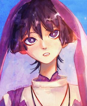 Rule 34 | 1boy, artist name, blue background, bow, closed mouth, commentary, detached sleeves, english commentary, genshin impact, hair between eyes, highres, long sleeves, looking up, lywn png, mandarin collar, purple bow, purple eyes, purple hair, purple shirt, scaramouche (genshin impact), scaramouche (kabukimono) (genshin impact), shirt, short hair, simple background, solo, teeth, upper body, veil, vest, white vest, wide sleeves