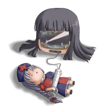 :< bad_id bad_pixiv_id beidan black_hair console controller doll female_focus bad_tag game_console game_controller houraisan_kaguya monitor no_humans nurse plug reisen_udongein_inaba remilia_scarlet scarlet_weather_rhapsody shadow skirt syringe television touhou triangle_mouth video_game what white_background wig yagokoro_eirin