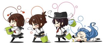 Rule 34 | 10s, 4girls, akatsuki (kancolle), black hair, brown hair, bucket, hair ornament, hat, highres, ikazuchi (kancolle), inazuma (kancolle), kantai collection, long hair, lysander z, multiple girls, open mouth, personification, samidare (kancolle), school uniform, serafuku, skirt, tripping