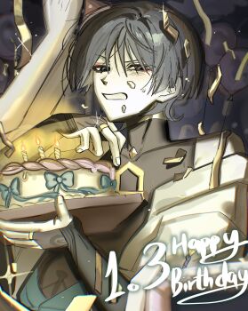 Rule 34 | 1boy, aqua bow, armor, balloon, birthday cake, black bodysuit, black bridal gauntlets, blue kimono, blunt ends, bodysuit, bow, bridal gauntlets, cake, candle, candlelight, dated, diffraction spikes, eyeliner, fingernails, food, genshin impact, gloves, gold ring, grey eyes, grey hair, hands up, happy birthday, highres, holding, holding cake, holding food, icing on face, imagirl 0, japanese armor, japanese clothes, juban, kimono, kote, kurokote, light blush, looking at viewer, makeup, male focus, middle ring, open clothes, open hand, open kimono, open mouth, purple rope, red eyeliner, rope, scaramouche (genshin impact), single bare shoulder, single off shoulder, solo, three-quarter sleeves, tsurime, turtleneck, turtleneck bodysuit, wanderer (genshin impact), white gloves, white kimono, white sleeves, wispy bangs