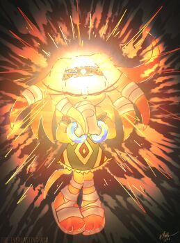 1girl armlet circlet closed_eyes commentary dark_background english_commentary everlasting_ash eyelashes furry furry_female glowing gold_circlet highres jewelry light_rays orange_fur own_hands_clasped own_hands_together sandals solo sonic_(series) sonic_adventure tikal_the_echidna