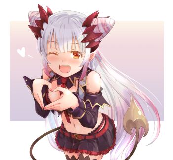 1girl ;d bare_shoulders belt between_breasts black_shirt black_skirt black_sleeves black_thighhighs black_vest blush bra breasts cleavage commentary_request cone_hair_bun cowboy_shot crop_top cropped_vest curled_horns demon_girl demon_horns demon_tail detached_sleeves double_bun frilled_skirt frills gradient_background gradient_hair grey_hair hair_bun haniwa_(leaf_garden) headgear heart heart_hands highres horns indie_virtual_youtuber lace_shirt leaning_forward long_hair looking_at_viewer medium_breasts midriff miniskirt multicolored_hair nail_polish navel necktie necktie_between_breasts one_eye_closed open_clothes open_mouth open_vest orange_eyes panties panty_straps pink_hair pink_nails pink_streaks pleated_skirt pointy_ears red_belt red_bra red_horns red_necktie red_panties shirt side_up_bun skirt sleeveless sleeveless_shirt smile solo spiked_horns streaked_hair suou_patra suou_patra_(1st_costume) tail thighhighs underwear very_long_hair vest virtual_youtuber zettai_ryouiki