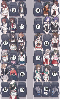 Rule 34 | 6+girls, absurdres, ahoge, airplane interior, black gloves, black skirt, black thighhighs, blue skirt, breast pocket, breasts, cape, chair, choukai (kancolle), choukai kai ni (kancolle), collared shirt, commentary request, dress, dress shirt, eating, from above, gloves, hakama, hakama skirt, halo, haruna (kancolle), haruna kai ni (kancolle), headgear, highres, houshou (kancolle), hyuuga (kancolle), hyuuga kai ni (kancolle), intrepid (kancolle), japanese clothes, kabocha torute, kantai collection, kashima (kancolle), kiso (kancolle), kiso kai ni (kancolle), kongou (kancolle), kongou kai ni (kancolle), large breasts, long hair, magazine (object), maya (kancolle), maya kai ni (kancolle), mechanical halo, meme, military uniform, mogami (kancolle), mogami kai ni (kancolle), multiple girls, mutsu (kancolle), mutsu kai ni (kancolle), nagato (kancolle), nagato kai ni (kancolle), nontraditional miko, numbered, ooyodo (kancolle), pantyhose, playing games, pleated skirt, pocket, purple hair, rensouhou-chan, sailor dress, school uniform, serafuku, shigure (kancolle), shigure kai san (kancolle), shirt, short hair, shoukaku (kancolle), sitting, skirt, sleeping, sleeveless, sleeveless shirt, thighhighs, trembling, where are you sitting (meme), white shirt, yahagi (kancolle), yahagi kai ni (kancolle), yamato (kancolle), yamato kai ni (kancolle), yukikaze (kancolle), yukikaze kai ni (kancolle), zuikaku (kancolle)