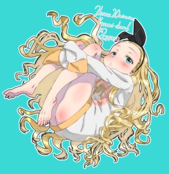 1girl absurdres aqua_eyes artist_name ass barefoot black_ribbon blonde_hair blue_background blush commentary_request curly_hair english_text feet forehead full_body hair_ribbon highres hood hoodie hugging_own_legs kurumi_(lycoris_recoil) long_hair long_sleeves looking_at_viewer lycoris_recoil outline parted_lips print_hoodie red_rum_rainy ribbon simple_background sleeves_past_wrists solo squirrel_print thighs toes very_long_hair white_hoodie white_outline